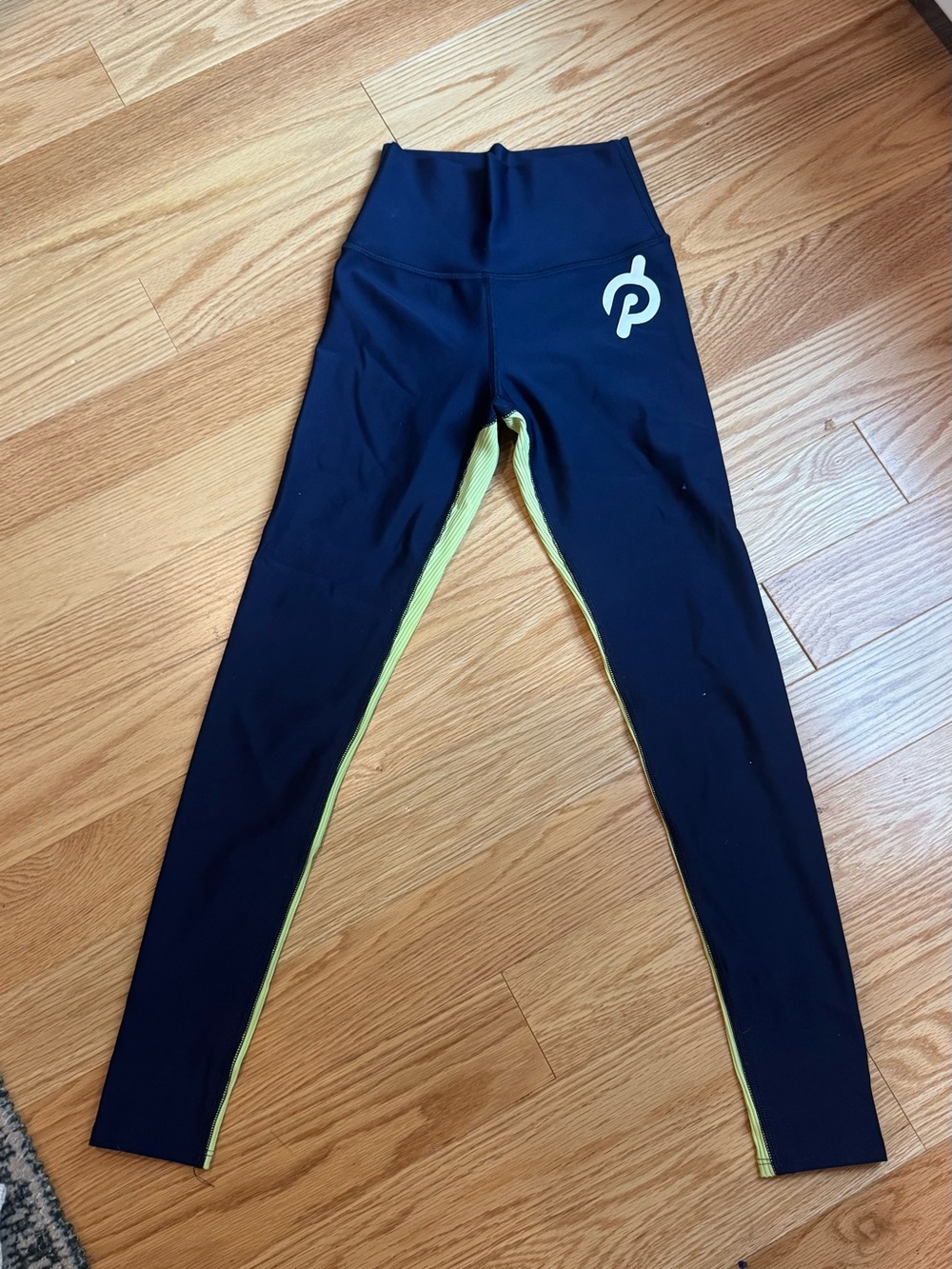 Peloton XS Black Leggings with Lime Side Panel